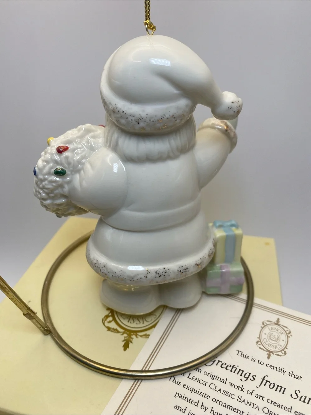 Lenox White Santa 2005 Ornament with Wreath and Pastel Gifts